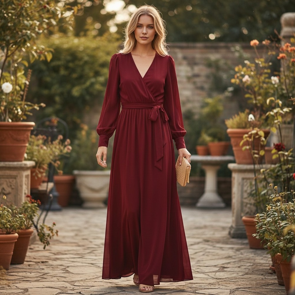 Baltic Born Wine Red V-Neck Long Sleeve Chiffon Maxi Dress Small Formal